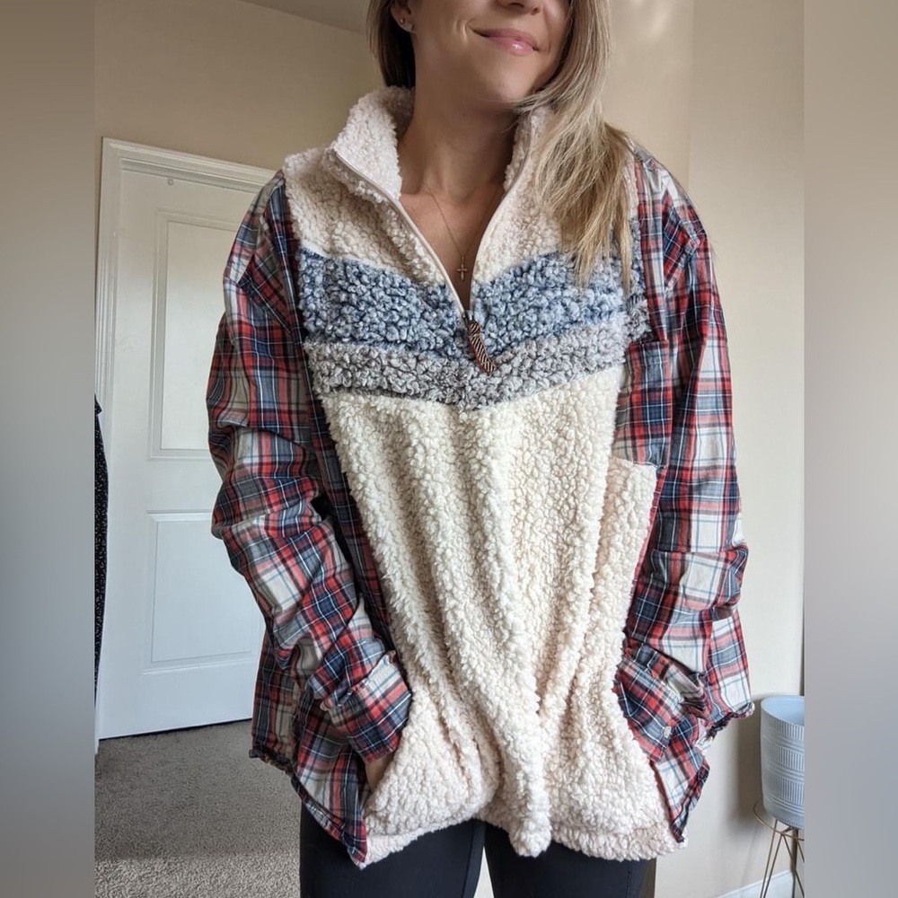 One of a kind Oversized flannel sweater sewed rework, no 32